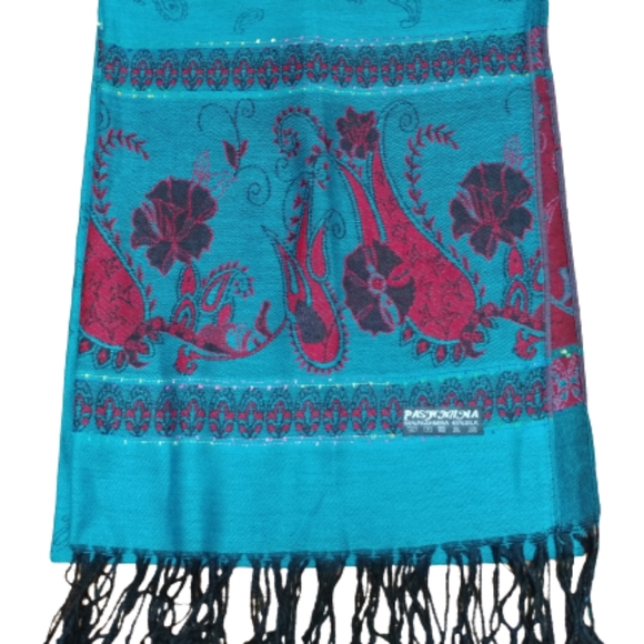 Cashmere pashmina scarf wrap teal and red paisley print - Picture 4 of 5